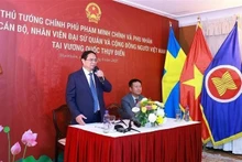 El primer ministro Pham Minh Chinh habla en una reunión con personal de la Embajada de Vietnam y representantes de la comunidad vietnamita en Suecia el 11 de junio. (Foto: VNA)