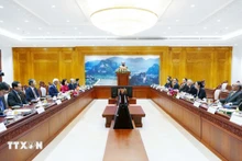 La sesión de trabajo en Vientián entre los comités de Paz de Vietnam y Laos. (Foto: VNA)