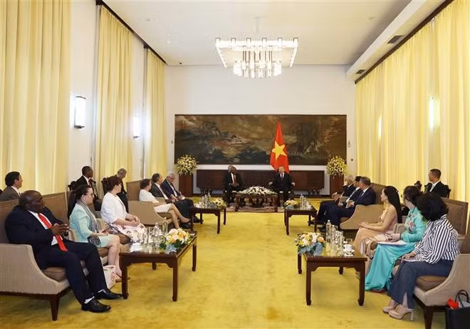 El secretario general del Partido Comunista de Vietnam,To Lam, se reúne con Salvador Valdés Mesa, miembro del Buró Político del Partido Comunista de Cuba (PCC) y vicepresidente del país caribeño. (Foto: VNA)