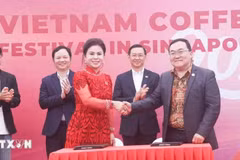 Representantes de la empresa vietnamita King Coffee y la Federación Empresarial Internacional (IBF) firman un memorando de entendimiento de cooperación. (Foto: VNA)