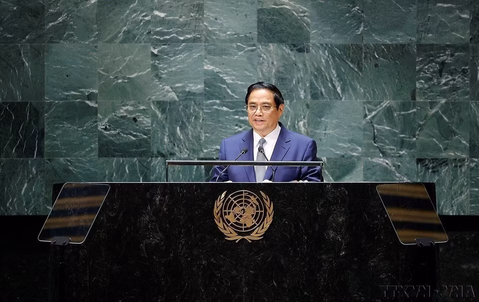 El primer ministro vietnamita, Pham Minh Chinh, habla en el debate general de alto nivel del 78º período de sesiones de la Asamblea General de las Naciones Unidas en la sede de la organización en Nueva York, EE.UU. (22 de septiembre de 2023).
