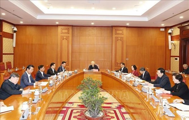 El secretario general del Partido Comunista, Nguyen Phu Trong, interviene en la primera reunión del Subcomité de Asuntos de Personal del XIV Congreso Nacional del Partido. (Foto: VNA)