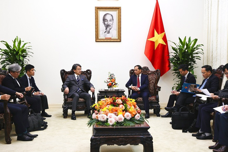 El vicepremier y canciller vietnamita, Bui Thanh Son (derecha), recibe al presidente de la Junta Directiva del JBIC, Maeda Tadashi. (Foto: VGP)