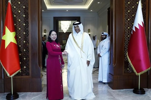 La vicepresidenta vietnamita Vo Thi Anh Xuan y el presidente de la Asamblea Consultiva de Qatar, Hassan bin Abdullah Al-Ghanim (Foto: VNA)