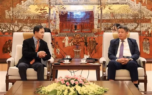 El vicepresidente del Comité Popular de Hanoi Nguyen Manh Quyen recibe al director general de Techcross, Kim Jung Chul. (Foto:VNA)