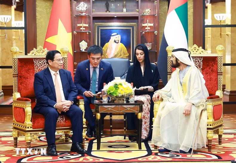 El jefe de Gobierno vietnamita y el vicepresidente y primer ministro de EAU, Sheikh Mohammed bin Rashid Al Maktoum, en la cita.