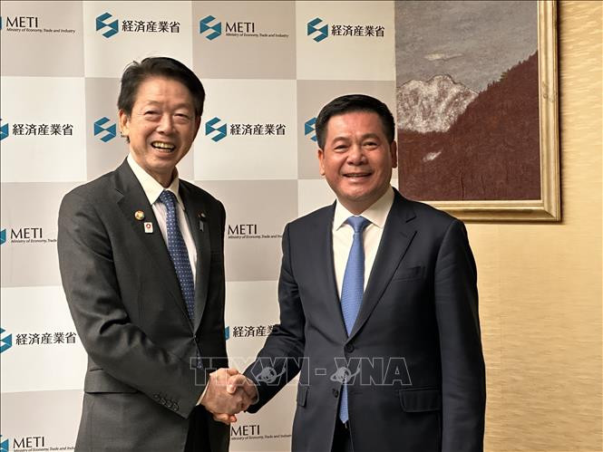 El ministro de Industria y Comercio de Vietnam, Nguyen Hong Dien (derecha), y el titular de Economía, Comercio e Industria de Japón, Muto Yoji. (Foto: VNA)