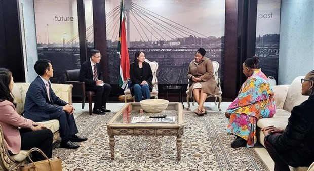 La viceministra sudafricana de Asuntos Exteriores, Candith Mashego-Dlamini, recibe a la vicepresidenta Vo Thi Anh Xuan (izquierda) en el aeropuerto O.R.Tambo. (Foto: VNA)