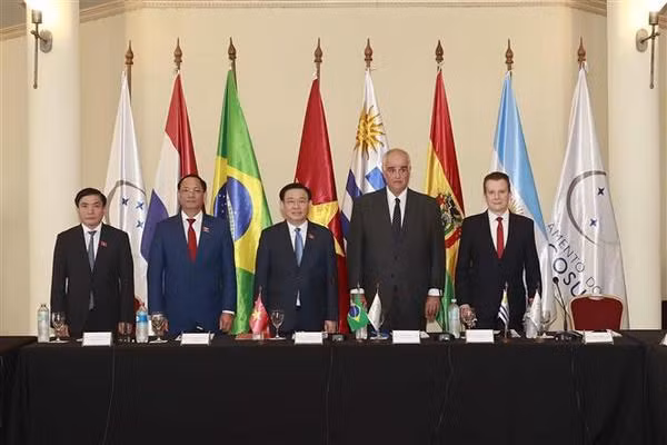 El Presidente de la Asamblea Nacional, Vuong Dinh Hue, y el Titular del Parlamento MERCOSUR, Gustavo Penades (derecha), con delegados. (Foto: VNA)