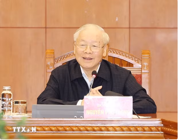 El secretario general del Partido Comunista de Vietnam (PCV), Nguyen Phu Trong, habla en la primera sesión del Subcomité de asuntos de personal del XIV Congreso Nacional de la organización política (Foto: VNA)