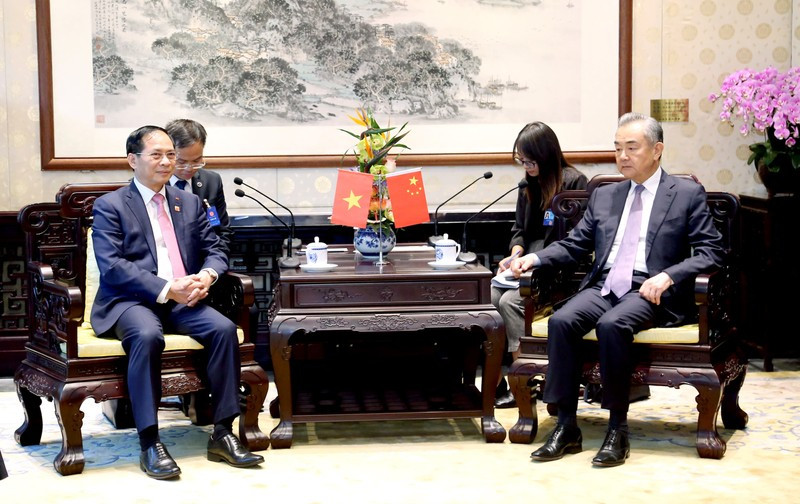 El ministro vietnamita de Relaciones Exteriores, Bui Thanh Son (izquierda), se reúne con su homólogo chino, Wang Yi, en Pekín. (Foto: Nhan Dan)