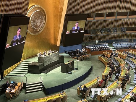 Como vicepresidente de la Asamblea General de la ONU, el embajador Dang Hoang Giang, jefe de la delegación de Vietnam ante este órgano multilateral, preside la sesión de debates y aprobación de la resolución. (Foto: Thanh Tuan/VNA)