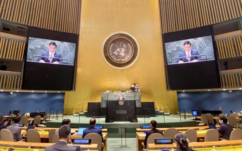 El representante permanente de Vietnam ante la ONU habla en una sesión de la Asamblea General. (Fotografía: Ministerio de Relaciones Exteriores de Vietnam)