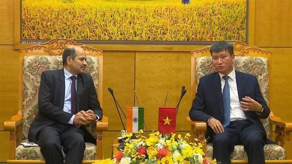 El presidente del Comité Popular de la provincia norteña montañosa de Yen Bai, Tran Huy Tuan, y el embajador de la India en Vietnam, Sandeep Arya. (Fotografía: VNA)