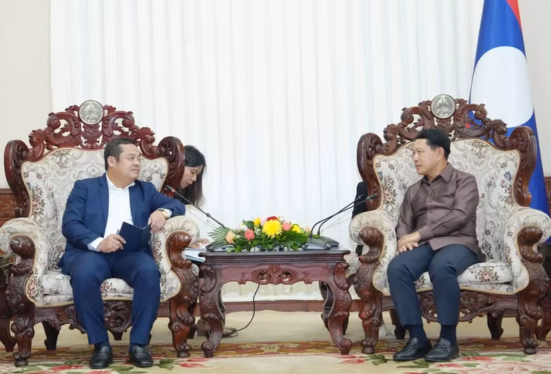 El presidente de Vinachem, Phung Quang Hiep (izquierda), se reúne con el vice primer ministro de Laos, Saleumxay Kommasith. (Fotografía: VNA)