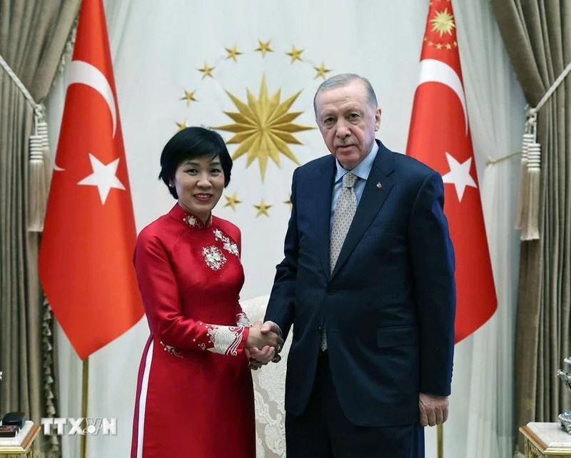 La embajadora de Vietnam en Turquía, Dang Thi Thu Ha, y el presidente turco, Recep Tayyip Erdogan. (Fotografía: VNA)