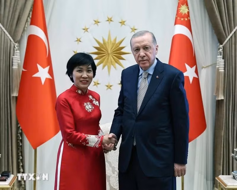 La embajadora de Vietnam en Turquía, Dang Thi Thu Ha, y el presidente turco, Recep Tayyip Erdogan. (Fotografía: VNA)