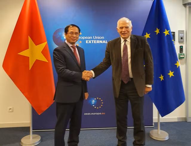 Josep Borrell, alto representante de la UE para Asuntos Exteriores y Política de Seguridad y vicepresidente de la Comisión Europea (derecha), y el canciller vietnamita, Bui Thanh Son. (Fotografía: Ministerio de Relaciones Exteriores de Vietnam)