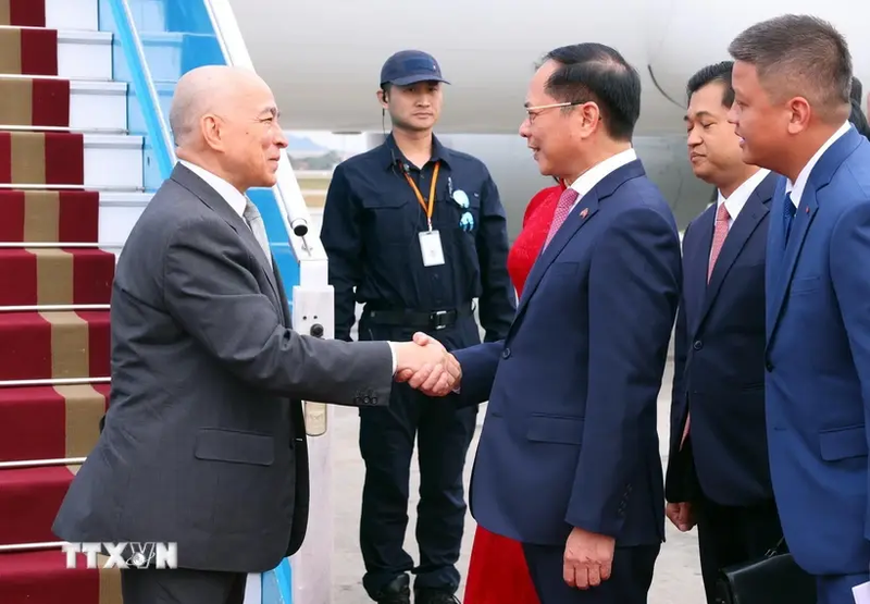 El rey Norodom Sihamoni (izquierda) es recibido en el aeropuerto internacional de Noi Bai por el vice primer ministro y canciller de Vietnam, Bui Thanh Son. (Fotografía: VNA)