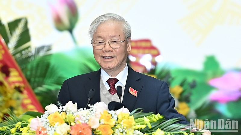 El secretario general del Partido Comunista de Vietnam, Nguyen Phu Trong, interviene en la reunión. (Fotografía: Nhan Dan)