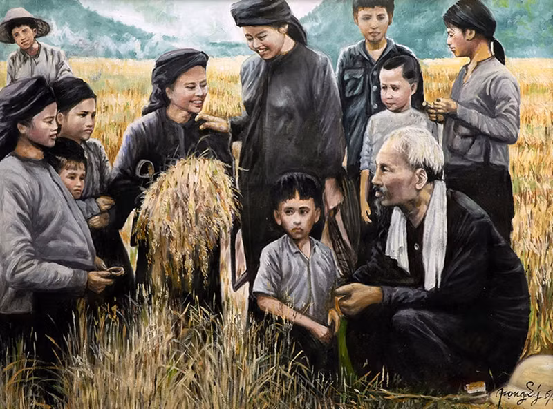 Una obra del pintor Dao Trong Ly en la exhibición.