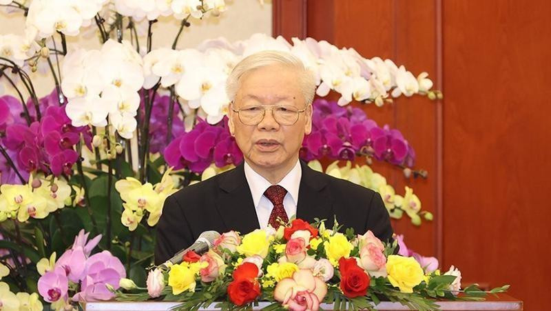 El secretario general del PCV, Nguyen Phu Trong, interviene en la cita. (Fotografía: VNA)