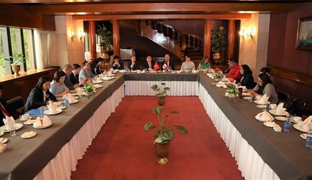 El miembro del Secretariado del Comité Central del PCV y jefe de su Comisión de Comunicación y Educación, Nguyen Trong Nghia, sostiene conversaciones con el coordinador nacional del PT, Alberto Anaya Gutiérrez. (Fotografía: VNA)