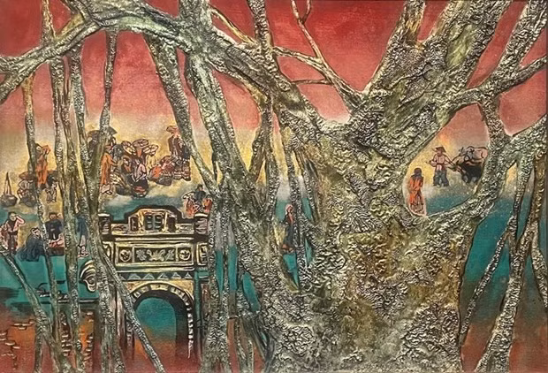 “El pueblo”, pintura lacada con técnica de tallado de Nguyen Ha Anh. (Fotografía: toquoc.vn)