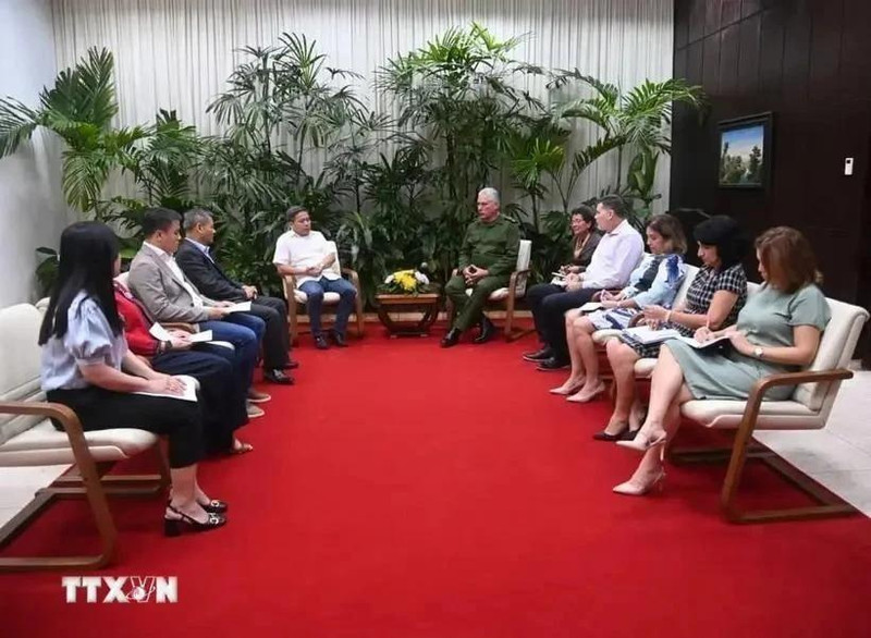El presidente de Cuba, Miguel Díaz-Canel (derecha), recibe a representantes del empresariado vietnamita. (Fotografía: VNA)