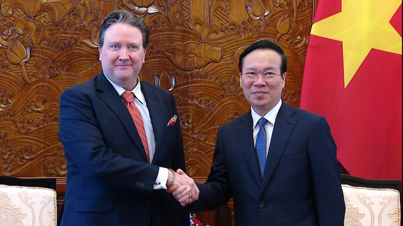 El presidente de Vietnam, Vo Van Thuong, recibe al embajador estadounidense, Marc E. Knapper. (Fotografía: VNA)