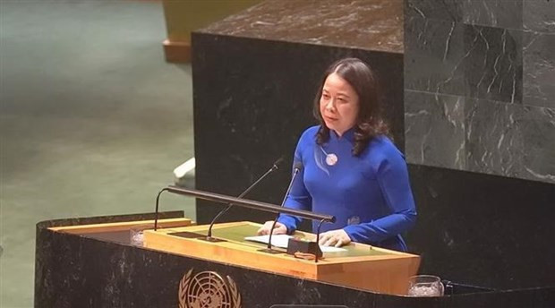 La vicepresidenta vietnamita Vo Thi Anh Xuan interviene en la cita. (Fotografía: VNA)