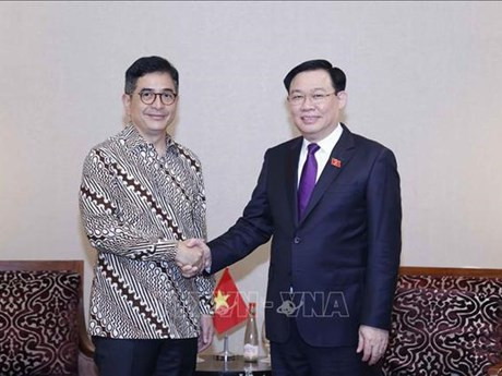 El presidente de la Asamblea Nacional de Vietnam, Vuong Dinh Hue, y el titular de la Cámara de Comercio e Industria de Indonesia, M. Arsjad Rasjid P. M. (Fotografía: VNA)