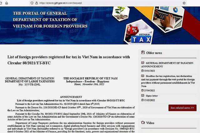 Publican la lista de 39 proveedores extranjeros que implementan registro tributario en Vietnam. (Fotografía: VGP)