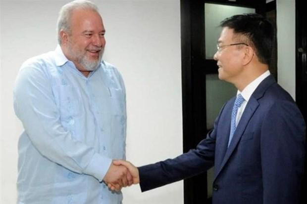 El primer ministro de Cuba, Manuel Marrero Cruz, y el ministro de Justicia de Vietnam, Le Thanh Long. (Fotografía: VNA)