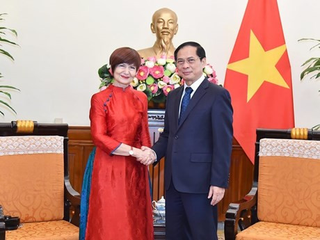 El canciller vietnamita, Bui Thanh Son, recibe a la presidenta de la 42ª Conferencia General de la Unesco, Simona-Mirela Miculescu. (Foto: VNA)