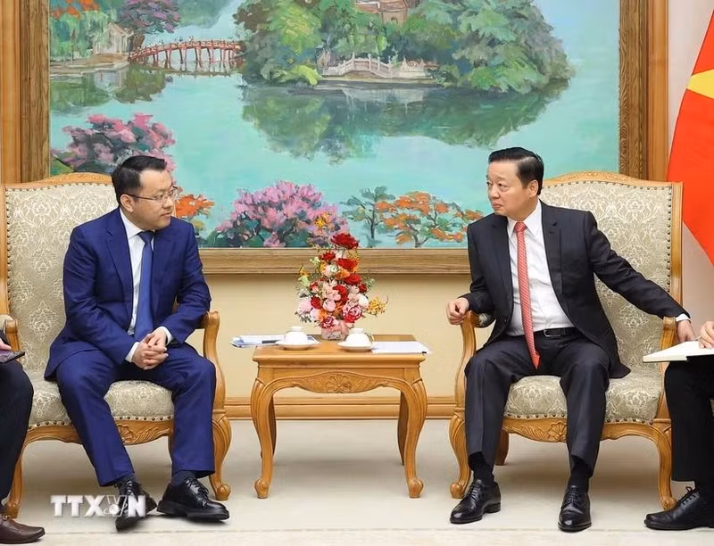 El viceprimer ministro de Vietnam Tran Hong Ha (derecho) recibe al director ejecutivo del grupo chino Geely Auto, Gan Jiayue. (Fuente: VNA)