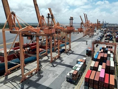 Sistema de grúa autopropulsada para carga y descarga de mercancías en el puerto de Tan Vu. (Fuente: VNA)