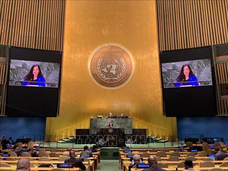La ministra consejera Le Thi Minh Thoa, subjefa de la delegación permanente de Vietnam ante las Naciones Unidas, habla en la reunión (Fuente: VNA)