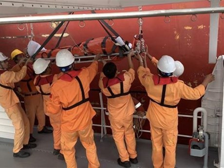 Los socorristas trasladan al marinero herido al puerto de la ciudad de Vung Tau. (Foto: VNA)