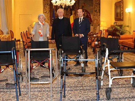 El parlamentario belga André Flahaut (centro), el embajador Nguyen Van Thao (derecha) y Tran To Nga, víctima del agente naranja, en la ceremonia de entrega de los obsequios.(Foto: VNA)