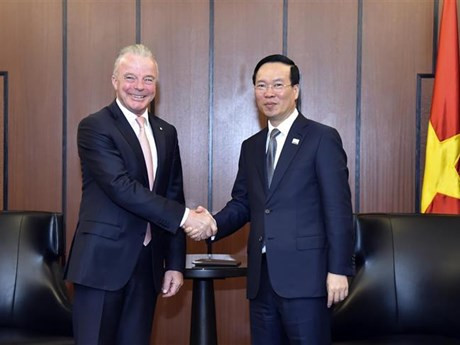 El presidente de Vietnam, Vo Van Thuong (derecha), recibe a Brendan Nelson, vicepresidente senior de la multinacional Boeing. (Foto: VNA)