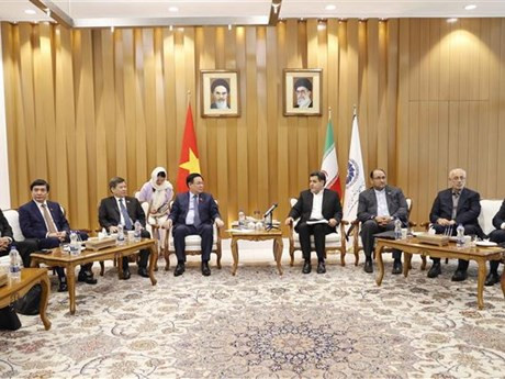El presidente de la Asamblea Nacional de Vietnam, Vuong Dinh Hue, sostiene un encuentro con el presidente de la Cámara de Comercio, Industrias, Minas y Agricultura de Irán, Hossein Selahvarzi, junto con representantes de varias empresas iraníes especializadas en materiales de construcción y productos farmacéuticos. (Fuente:VNA)