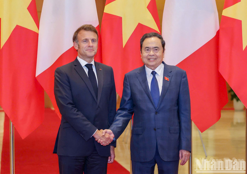 El presidente de la Asamblea Nacional de Vietnam, Tran Thanh Man (derecha), saluda al presidente de Francia, Emmanuel Macron (Foto: VNA)