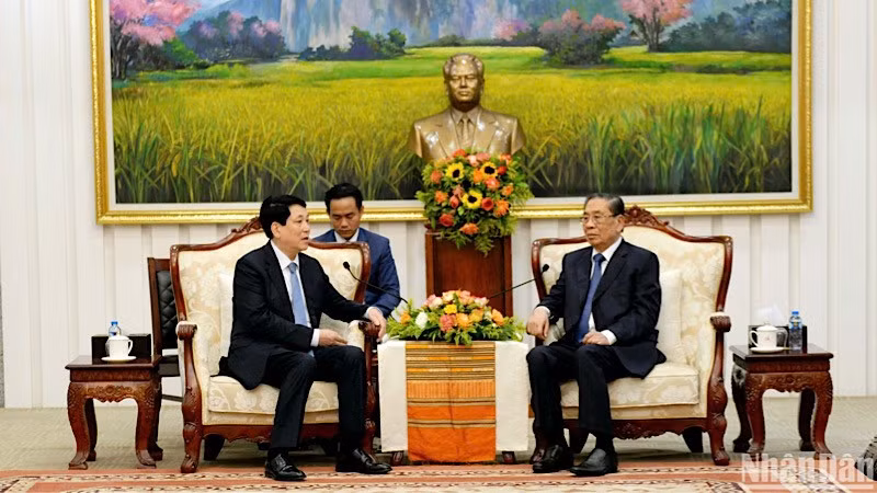El presidente de Vietnam, Luong Cuong (izquierda), se reúne con el exsecretario general del Partido Popular Revolucionario de Laos Choummaly Sayasone (Foto: VNA)