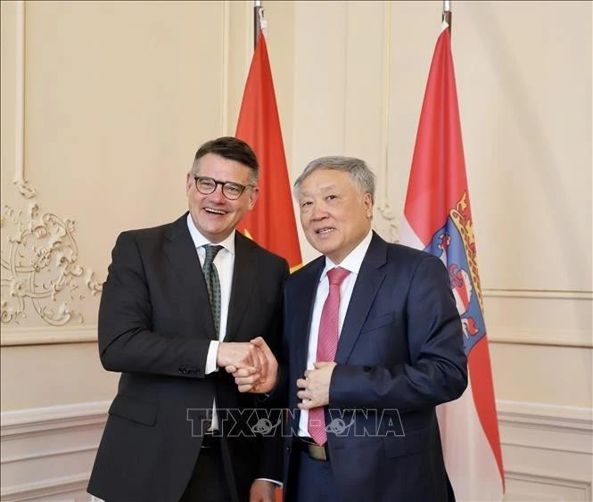 El ministro presidente del estado alemán de Hesse, Boris Rhein, recibe al viceprimer ministro permanente Nguyen Hoa Binh. (Foto: VNA) 