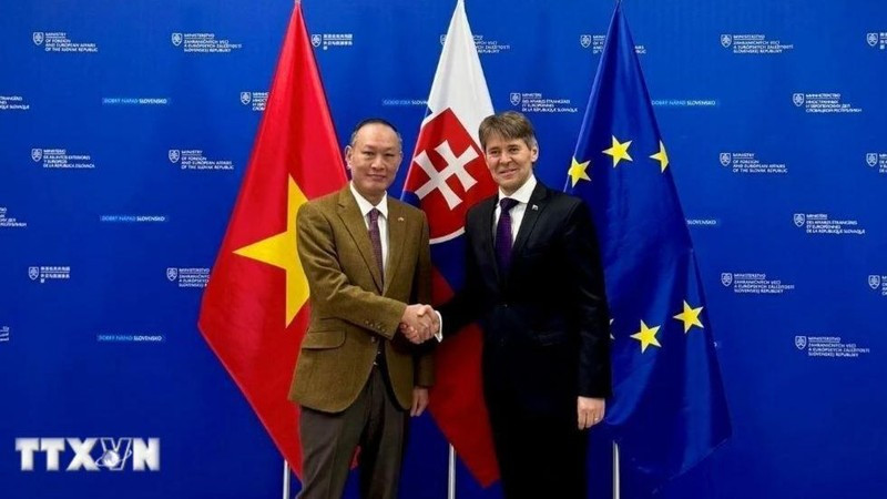 El embajador vietnamita en Eslovaquia, Pham Truong Giang, y el primer viceministro de Asuntos Políticos y Europeos, Marek Estok. (Fuente: VNA)