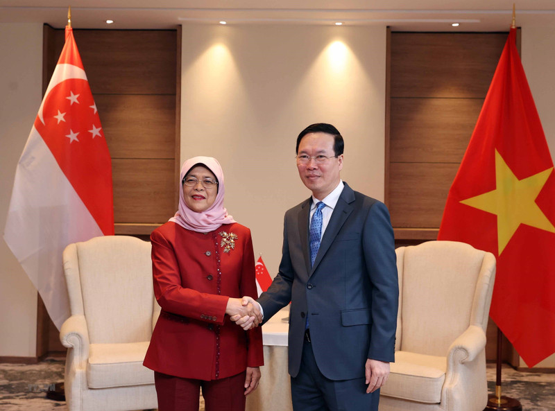 El presidente de Vietnam, Vo Van Thuong y su homóloga singapurense, Halimah Yacob. (Fotografía: VNA)
