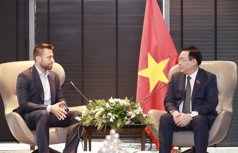 El presidente de la Asamblea Nacional de Vietnam, Vuong Dinh Hue, recibe a Dimitar Naydenov, director del grupo farmacéutico SoPharma de Bulgaria. (Fotografía: VNA)