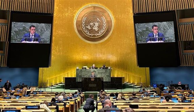 El embajador Dang Hoang Giang, jefe de la misión diplomática de Vietnam ante las Naciones Unidas, habla en el evento (Fotografía: VNA)