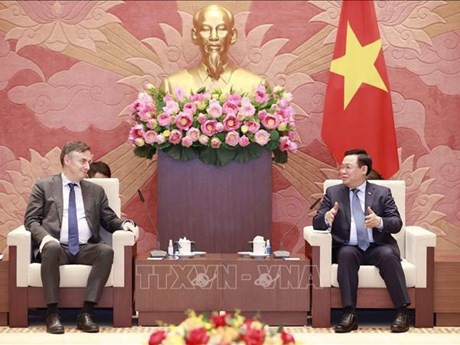 El presidente de la Asamblea Nacional, Vuong Dinh Hue (derecha), dialoga con David Mcallister, titular de la Comisión de Asuntos Exteriores del Parlamento Europeo. (Fotografía: VNA)